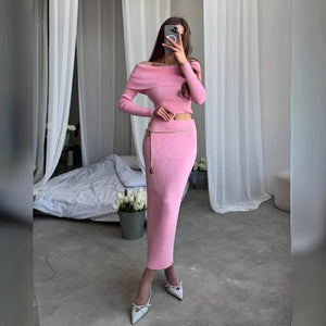 slim skirt women's pure desire style long-sleeved knitted elegant vacation style one-word shoulder open button skirt set