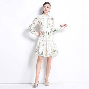 celebrity elegant hollow crochet embroidery splicing waist printing dress women's  fashion A-shaped skirt