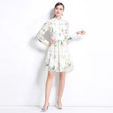 celebrity elegant hollow crochet embroidery splicing waist printing dress women's  fashion A-shaped skirt