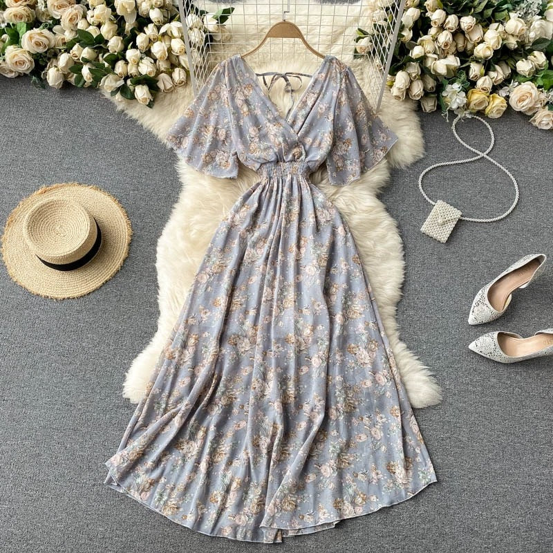 Seaside Holiday Dress Summer 2025 New Sexy V-neck Tight Waist Slimming Long Chiffon Floral Beach Dress