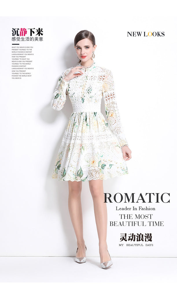 celebrity elegant hollow crochet embroidery splicing waist printing dress women's  fashion A-shaped skirt