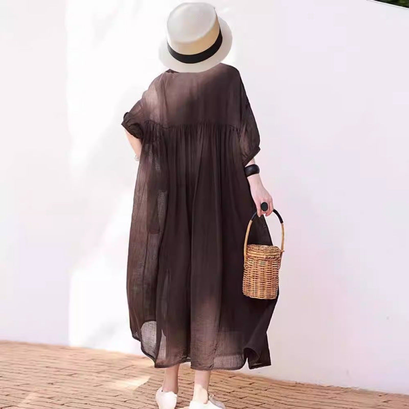 Literary and retro cotton and linen dress women's  summer new robe organ pleated seven-point bubble sleeves elegant long dress