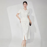 2025 Guofeng women's clothing high-end suit, retro button-up new Chinese T-shirt, short-sleeved hip-wrapped skirt, pleated two-piece set