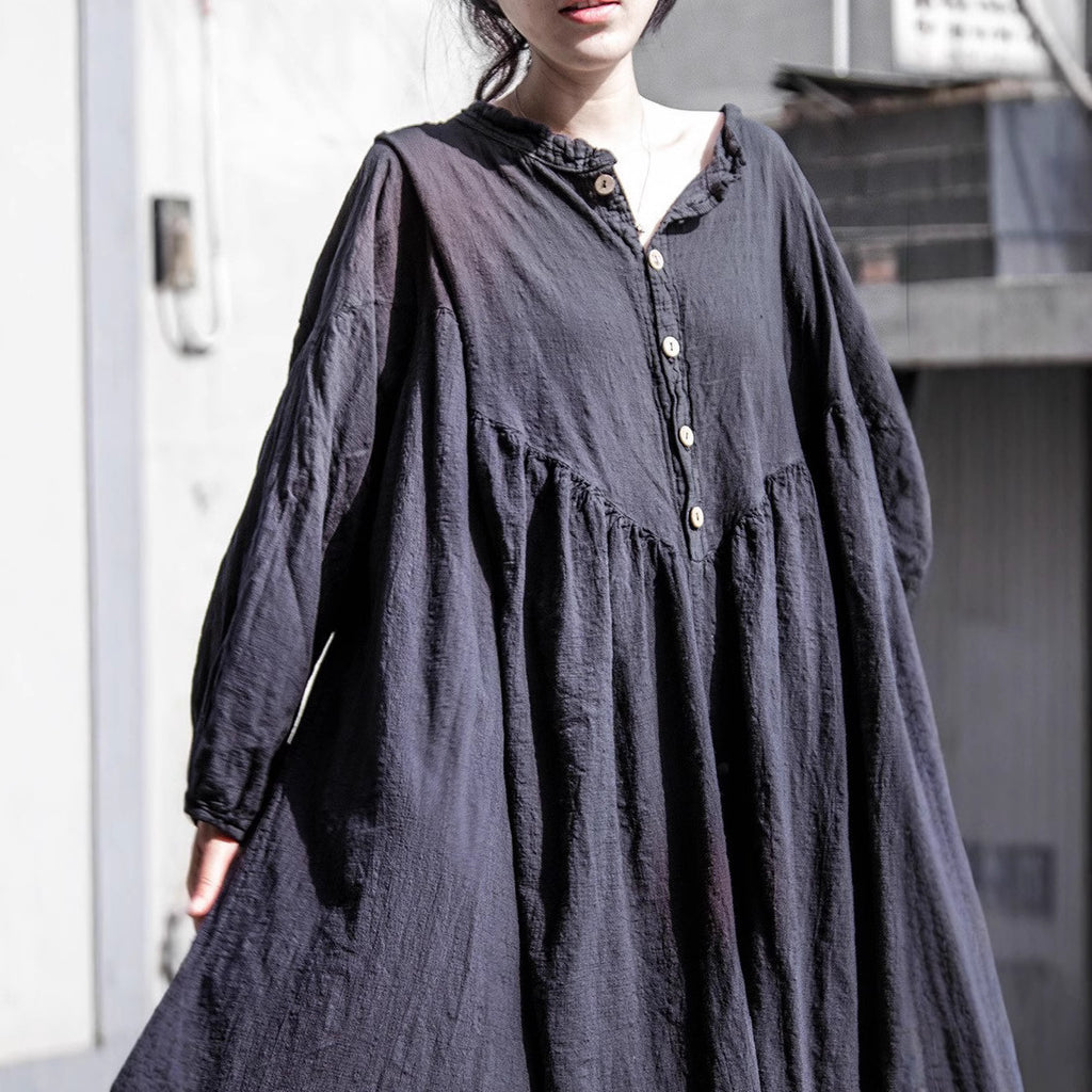 Shan Qian Nianyi, retro creative design atmospheric lantern sleeves super loose cotton and linen dress