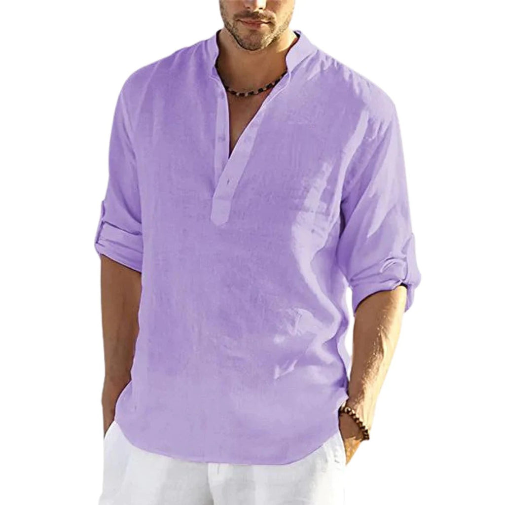 GOOSUDU Cross-Border Casual Men's Loose Shirt Men's Fashionable Stand Collar Cotton and Linen Long Sleeve Solid Color Independent in Stock Station