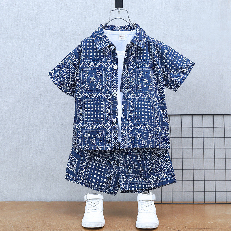 Boys' Summer Short Sleeve Suit  New Baby Net Red Casual Clothes Children's Vacation Style Shirt Three-Piece Set