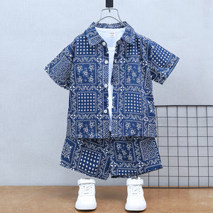 Boys' Summer Short Sleeve Suit  New Baby Net Red Casual Clothes Children's Vacation Style Shirt Three-Piece Set