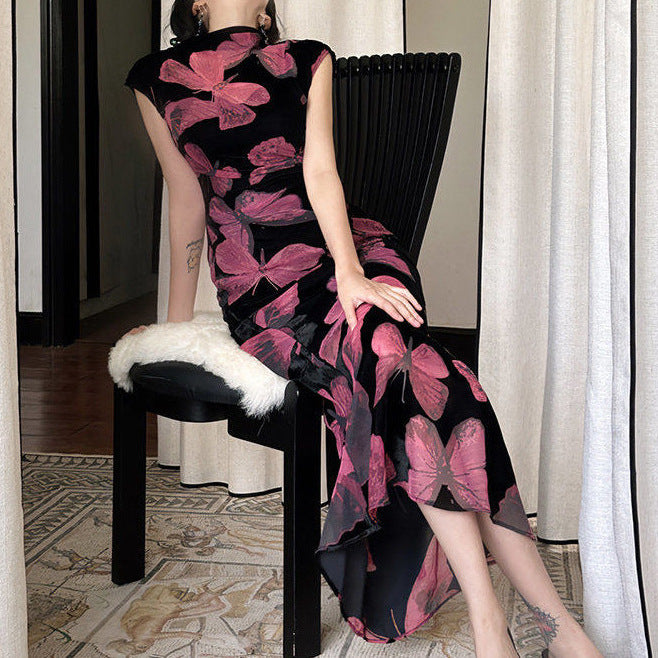 2025 Spot popular spring and summer new Chinese style improved printed cheongsam dress female spring royal sister wind waist thin dress