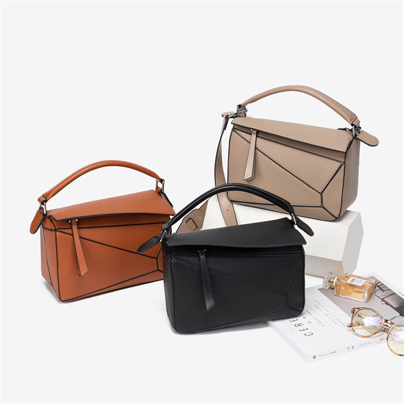 2025 popular new handbag geometric splicing pillow bag lychee pattern messenger bag fashionable and lightweight large-capacity doctor bag