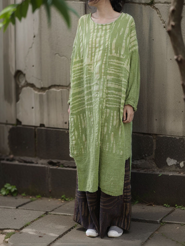 Shan Qian Nianyi, spring Mori cotton and linen medium and long dress with small literary texture and fresh hand-rubbed striped dress