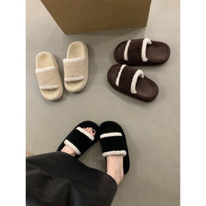 2025  Slippers women's muffin thick bottom popular autumn and winter middle heel Popularan station warm fluffy slippers women's outer wear