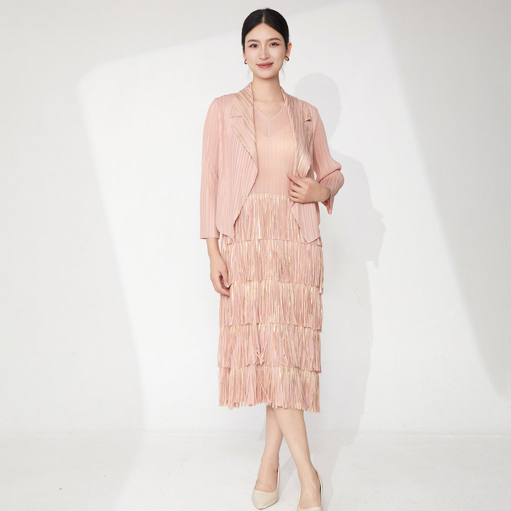 2025 Women's summer suit two-piece skirt bronzing blazer sleeveless fringed dress temperament commuter pleated suit