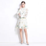celebrity elegant hollow crochet embroidery splicing waist printing dress women's  fashion A-shaped skirt