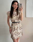 ins style summer high-end round neck short-sleeved printed casual dress A-shaped skirt ice silk thin waist women
