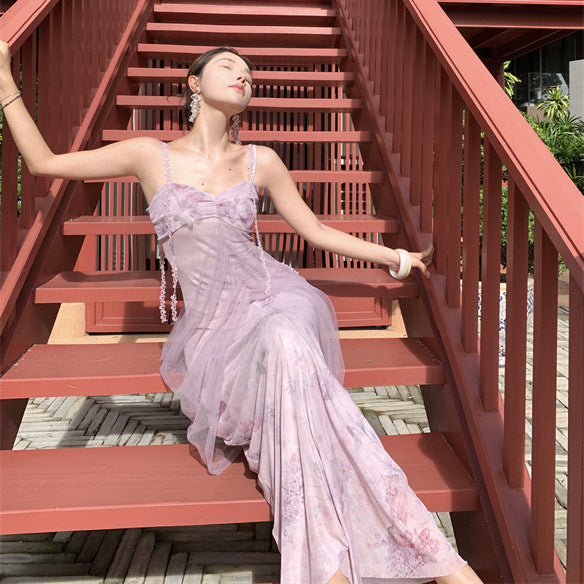 2025 temperament super good-looking purple mesh suspender dress fairy summer design sense niche seaside vacation dress