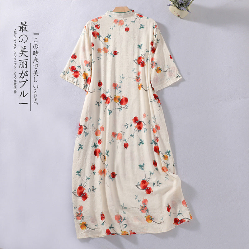summer new temperament national style literary pomegranate printing Chinese style improved cheongsam loose retro dress women