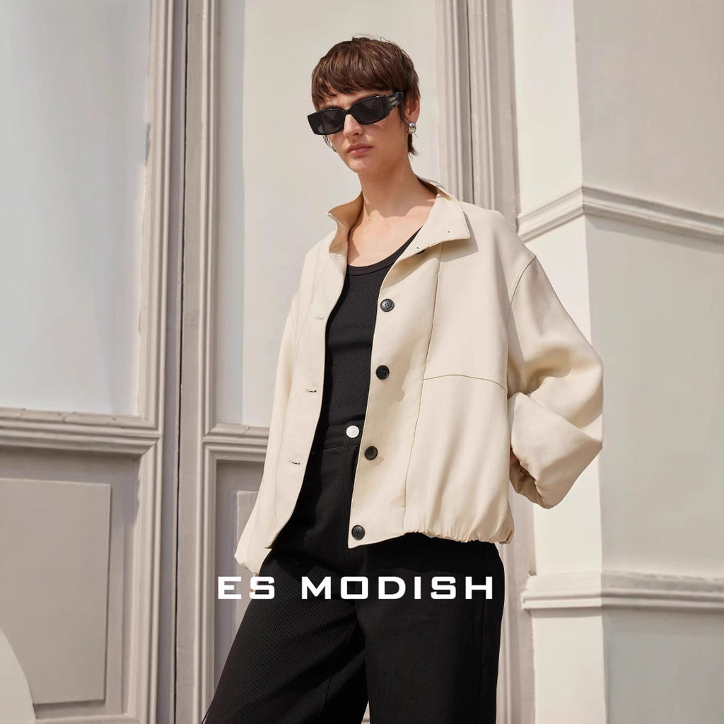 2025 ES MODISH spring new product Korean version of tooling style single-breasted stand-up collar casual versatile Tencel jacket for girls