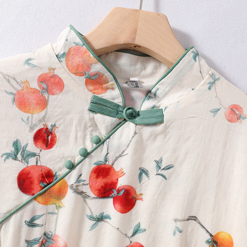 summer new temperament national style literary pomegranate printing Chinese style improved cheongsam loose retro dress women