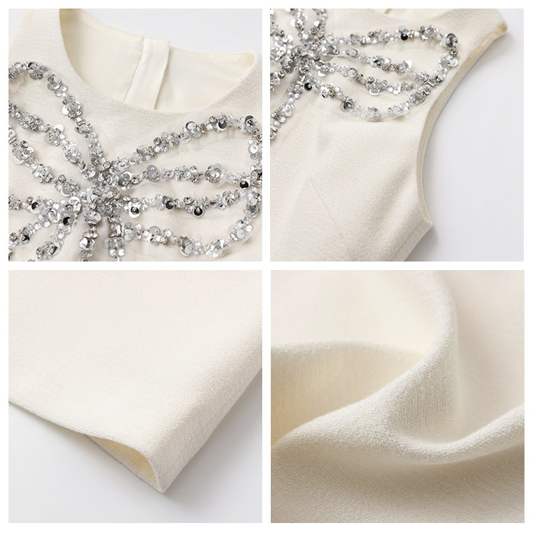 Xiaoxiangfeng's new heavy industry three-dimensional bead design sense, round neck sleeveless temperament, waist and thin dress N1016