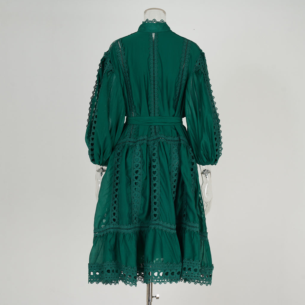 Real spot Bohemian vacation style hollow lace semi-turtleneck lantern sleeve Tencel cotton short dress