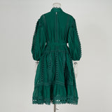 Real spot Bohemian vacation style hollow lace semi-turtleneck lantern sleeve Tencel cotton short dress