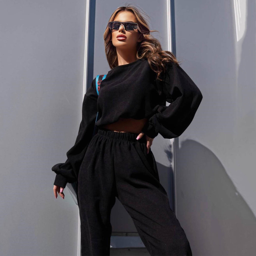 GOOSUDU New autumn and winter new corduroy solid color round neck pullover long sleeve two-piece suit fashionable casual trousers suit women