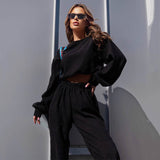 GOOSUDU New autumn and winter new corduroy solid color round neck pullover long sleeve two-piece suit fashionable casual trousers suit women