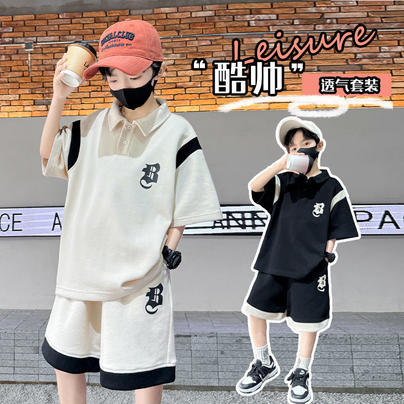 Boys Summer Suit New Children's Short-Sleeved Polo Shirt Two-Piece Set Medium and Big Children Summer Trendy Western Style Sports Sets