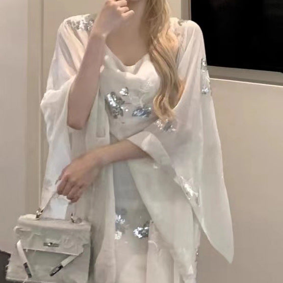 2025 popular  temperament New Chinese style cheongsam embroidered pleated suspender dress + sunscreen shawl two-piece set