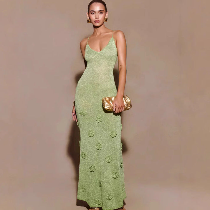 GOOSUDU 2025 Knitted suspender dress crochet glitter silk temperament long dress flower dress
