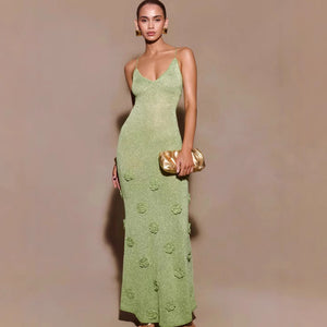 GOOSUDU 2025 Knitted suspender dress crochet glitter silk temperament long dress flower dress