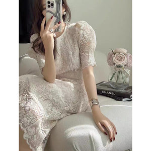 2025 summer high-end heavy industry embroidered lace dress, new waist and thin  elegant long skirt