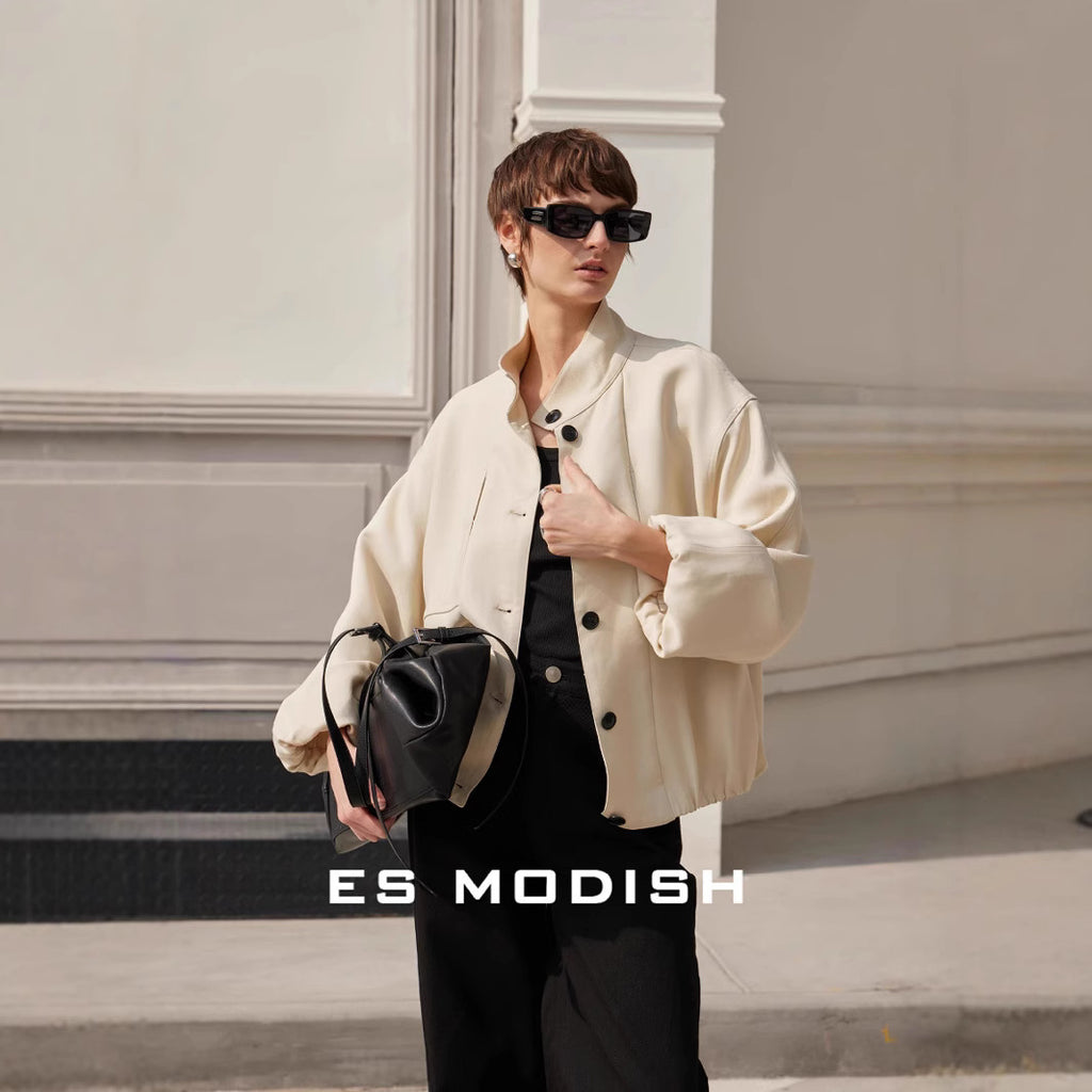 2025 ES MODISH spring new product Korean version of tooling style single-breasted stand-up collar casual versatile Tencel jacket for girls