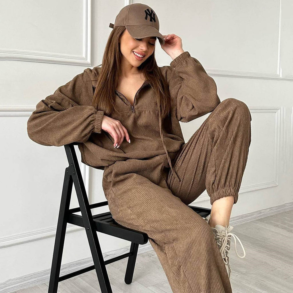 GOOSUDU New new corduroy suit women's sports and leisure Europe, America, autumn and winter zipper hooded sweater sweatpants two-piece set women