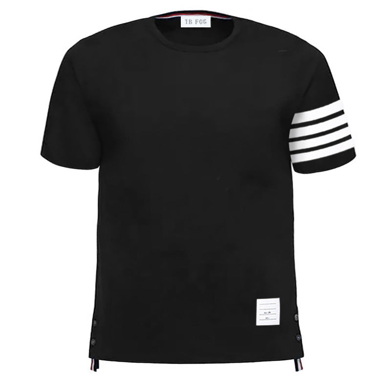 GOOSUDU TB Yarn-Dyed Four-Bar Stripes Fashion Brand Half Sleeve Cotton Summer round Neck Short Sleeves T-shirt Men's Casual All-Match Fashion
