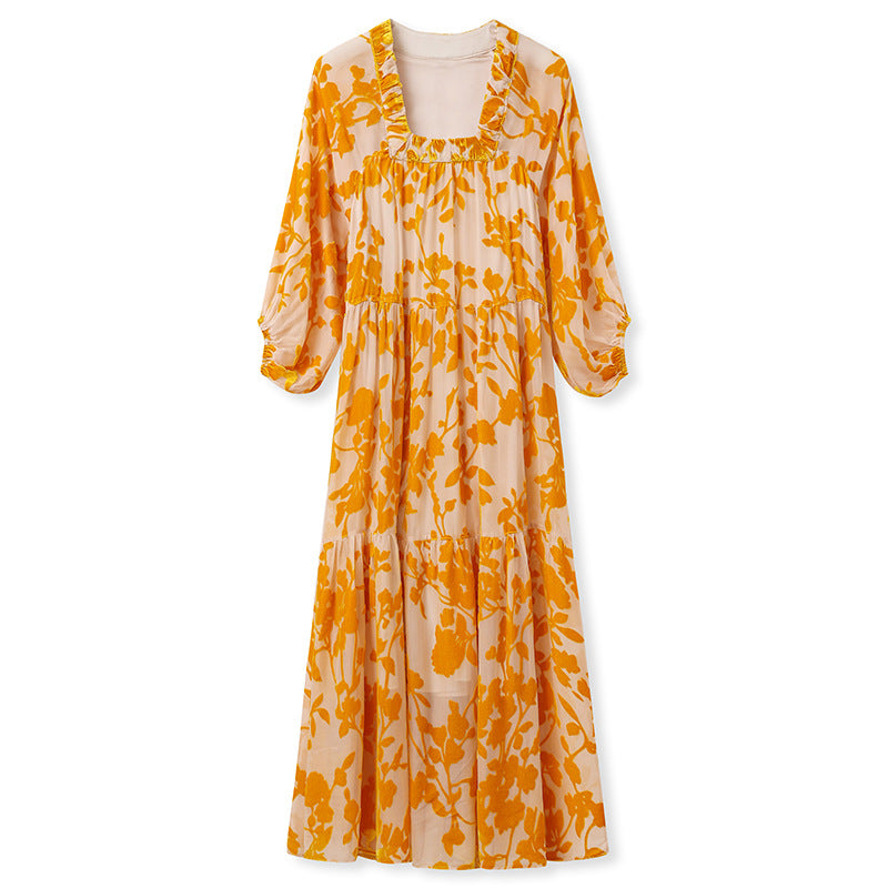 High-end new Chinese fashion lantern sleeves square neck fairy skirt spring and summer heavy industry burning mulberry silk dress N3052