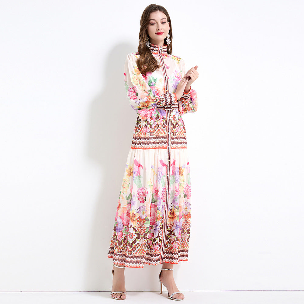 Popularan, n retro and Popular style court printing stand-up collar lantern sleeve waist single-breasted dress women's thin and elegant long dress