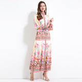 Popularan, n retro and Popular style court printing stand-up collar lantern sleeve waist single-breasted dress women's thin and elegant long dress