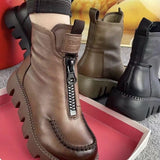 Goosudu Comfortable Pu Leather Ankle Boots Low Heel Zipper Boots