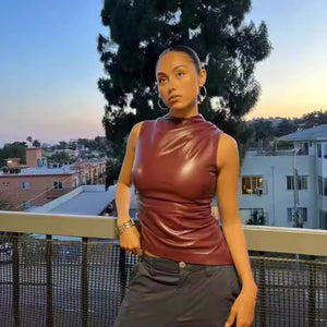 GOOSUDU 2025 SC005   style women's clothing popular new leather stacking collar personalized waist diagonal swing sleeveless top women