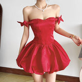 2025 style popular winter new women's clothing fluffy pleated skirt design shoulder bow dress