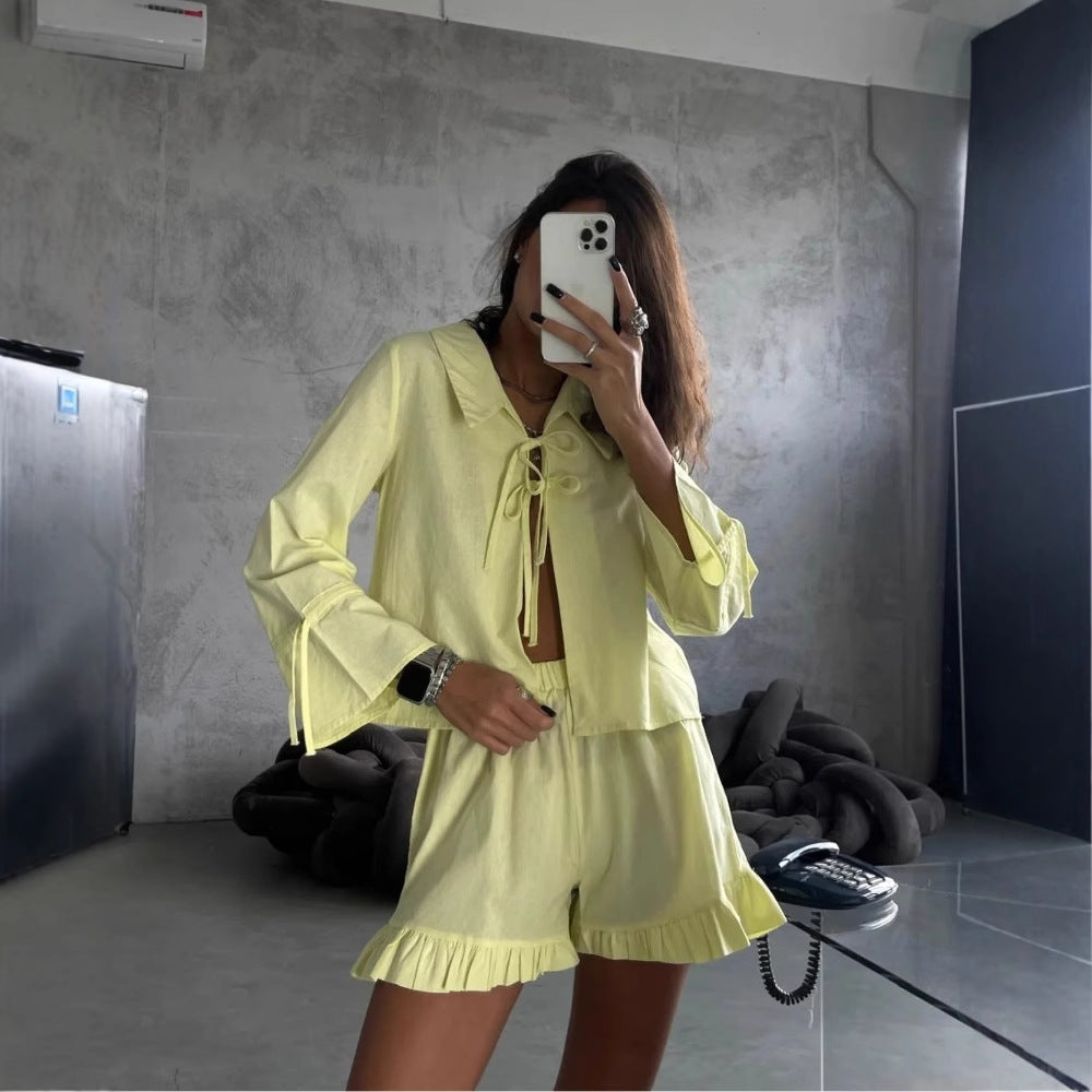 spring and summer new women's clothing solid color lapel long-sleeved lace-up wooden ear edge short women's pants comfortable and casual suit