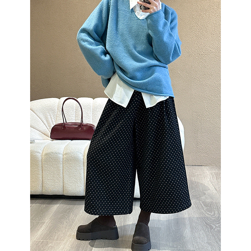 2025 popular autumn and winter new Korean high waist loose straight design polka dot velvet eight-point pants 2820-1
