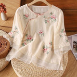 Literary retro embroidered cotton and linen shirt  summer new loose large size casual zen tea clothes shirt top