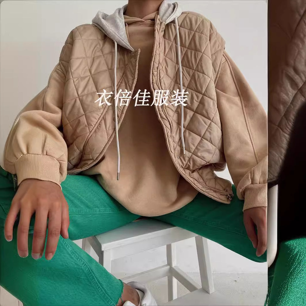 GOOSUDU New rhombus grid hooded cotton jacket vest 2025 sleeveless cotton jacket top women's solid color vest cotton coat black