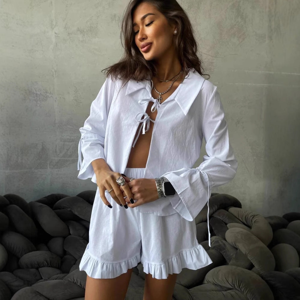 spring and summer new women's clothing solid color lapel long-sleeved lace-up wooden ear edge short women's pants comfortable and casual suit