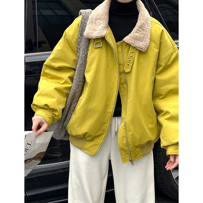 2025 popular autumn and winter new Korean version splicing lamb wool lapel thickened warm white duck down cotton clothes 820-2