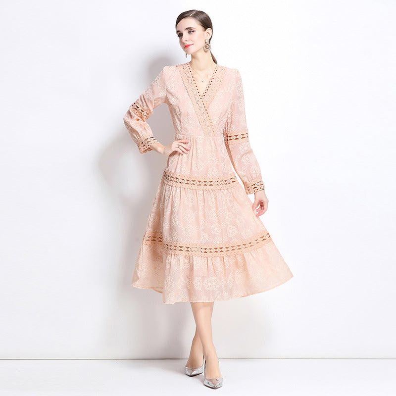Seaside vacation style lace-up V-neck lace splicing long-sleeved dress women's waist and thin temperament fairy skirt