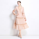 Seaside vacation style lace-up V-neck lace splicing long-sleeved dress women's waist and thin temperament fairy skirt