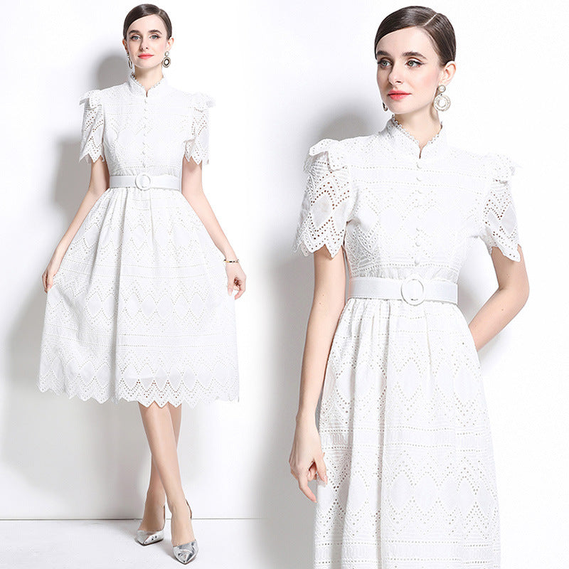 retro niche stand-up collar ruffle edge splicing waist hollow embroidery short-sleeved dress women's summer